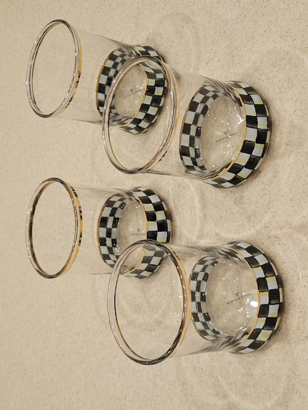 4 RETIRED MACKENZIE CHILDS COURTLY CHECK DOf BAR WATER DRINKING GLASS TUMBLER